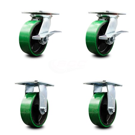 Service Caster 6 Inch Green Poly on Cast Iron Caster Set with Roller Bearing 2 Brakes 2 Rigid SCC-35S620-PUR-GB-SLB-2-R-2